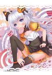  black_legwear blue_eyes blush candy flat_chest food halloween hat heart highres jack-o'-lantern juke lollipop long_hair looking_at_viewer mini_hat mouth_hold original solo thighhighs very_long_hair watermark white_hair witch_hat 