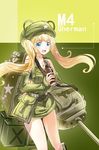  :d america bare_shoulders blonde_hair blue_eyes breasts cannon character_name cleavage coca-cola hat long_hair m4_sherman_(personification) mecha_musume medium_breasts military open_mouth original personification skirt smile solo tank_turret twintails world_war_ii yinyu 