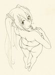  ass barefoot blush covering covering_breasts from_above from_behind full_body greyscale hatsune_miku long_hair looking_back monochrome panties sketch solo topless twintails underwear vocaloid wokada 