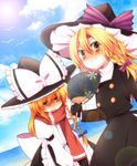  bad_id bad_nicoseiga_id blonde_hair braid choco_ice cloud cookie_(touhou) day dual_persona fan gloves hair_ribbon hat kirisame_marisa long_sleeves mars_(cookie) multiple_girls ocean paper_fan rei_(cookie) ribbon ribbon_trim scarf sky touhou uchiwa witch_hat yellow_eyes 