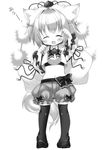  adapted_costume animal_ears black_legwear closed_eyes detached_sleeves geta greyscale halloween halloween_costume hat hat_ribbon hikanyan inubashiri_momiji long_sleeves midriff monochrome navel open_mouth paw_pose puffy_shorts ribbon shirt shorts smile solo standing tail thighhighs tokin_hat touhou wide_sleeves wolf_ears wolf_tail 