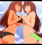  2girls animal_ears bikini breast_press breasts brown_hair green_eyes large_breasts long_hair multiple_girls nao_(izuripai) nao_(ritsancrossover) sky swimsuit symmetrical_docking tail tan wink yellow_eyes 