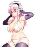  bikini black_gloves black_legwear blush breasts cleavage elbow_gloves gloves headphones large_breasts long_hair looking_at_viewer navel nitroplus onsoku_maru pink_hair red_eyes solo super_sonico swimsuit thighhighs 