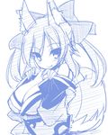  animal_ears bare_shoulders bow breasts cleavage detached_sleeves fate/extra fate_(series) fox_ears fox_tail hair_bow hair_ribbon huge_breasts japanese_clothes kurikara lowres monochrome ribbon sketch solo tail tamamo_(fate)_(all) tamamo_no_mae_(fate) twintails 