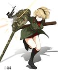  blonde_hair blue_eyes boots breasts cannon character_name epaulettes gun headphones jacket large_breasts log machine_gun military military_uniform original personification pre3445 radio_antenna ricocheting shield skirt solo t-54_(personification) uniform weapon world_of_tanks 