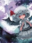  ascot bad_id bad_pixiv_id bat_wings dress fangs faux_traditional_media frilled_skirt frills hat hat_ribbon heart heart_hands jewelry looking_at_viewer maccha_cocoa_(mococo) mob_cap open_mouth puffy_sleeves purple_dress red_eyes remilia_scarlet ribbon ribbon-trimmed_headwear ribbon_trim short_sleeves silver_hair skirt skirt_set smile solo touhou wings 