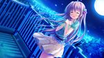  1girl blush brown_hair city eyes_closed game_cg hair_ornament long_hair magical_marriage_lunatics!! moon moonstone night open_mouth ornament rooftop yamakaze_ran yuuna_shirahase 