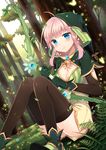  ahoge bad_id bad_pixiv_id bangs blue_eyes bow_(weapon) breasts bug butterfly cleavage diten eyebrows_visible_through_hair forest gloves hood hood_up hoodie insect long_hair medium_breasts nature original outdoors pink_hair sitting solo tears thighhighs weapon 
