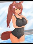  animal_ears bare_shoulders breast_hold breasts cleavage collarbone green_eyes huge_breasts nao_(izuripai) nao_(ritsancrossover) pool red_hair school_swimsuit swimsuit tail 