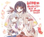  black_hair blue_hair bow brown_eyes convention_greeting dress fujiwara_no_mokou hair_bow hair_ribbon hat holding_hands houraisan_kaguya kamishirasawa_keine komaku_juushoku long_hair multiple_girls one_eye_closed red_eyes ribbon signature silver_hair smile touhou white_hair 