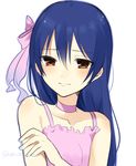  bad_id bad_pixiv_id bare_shoulders blue_hair blush bow chisumi collarbone dress embarrassed frown hair_between_eyes hair_bow looking_at_viewer love_live! love_live!_school_idol_project pink_bow pink_dress simple_background sleeveless sleeveless_dress solo sonoda_umi spaghetti_strap twitter_username white_background 
