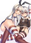  all_fours amatsukaze_(kantai_collection) ass bangs black_panties blonde_hair blouse brown_eyes chestnut_mouth choker crop_top detached_sleeves elbow_gloves garter_straps gloves grey_hair hair_between_eyes hair_ribbon hand_on_own_chest kantai_collection keita_(tundereyuina) leg_between_thighs long_hair looking_at_viewer looking_back microskirt multiple_girls open_mouth panties pleated_skirt reclining ribbon shimakaze_(kantai_collection) side-tie_panties skirt striped striped_legwear thigh_straddling thighhighs thong triangle_mouth two_side_up underwear white_background yellow_eyes 