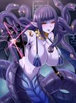  :p breasts cleavage earrings elbow_gloves gloves huge_breasts jewelry lamia looking_at_viewer megane_man monster_girl navel necklace pointy_ears purple_skin shingoku_no_valhalla_gate snake_hair solo tongue tongue_out 
