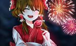  adapted_costume bow brown_hair candy_apple closed_eyes festival fireworks food hair_bow hair_ornament hair_tubes hakurei_reimu happy japanese_clothes kevn kimono long_sleeves night night_sky obi open_mouth ponytail sash sky smile solo touhou 