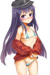  akatsuki_(kantai_collection) alternate_costume bikini black_hair blush breasts covered_nipples hat highres jacket kantai_collection long_hair looking_at_viewer micro_bikini nishiuri purple_eyes simple_background small_breasts solo striped striped_bikini swimsuit track_jacket white_background 