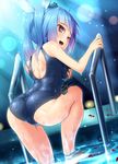  ass ayagi_daifuku barefoot blue_hair blush breast_hold breasts from_behind hair_ribbon i-19_(kantai_collection) kantai_collection large_breasts light_particles light_rays long_hair looking_back one-piece_swimsuit open_mouth petals pool pool_ladder red_eyes ribbon school_swimsuit short_hair smile solo standing star star-shaped_pupils swimsuit symbol-shaped_pupils twintails water wet 
