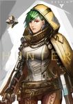  badcompzero belt breasts character_name cloak copyright_name destiny_(game) ghost_(destiny) green_hair gun headwear_removed helmet helmet_removed highres hunter_(destiny) large_breasts red_eyes short_hair signature weapon 