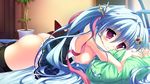  1girl areolae bed blue_hair blush breasts game_cg hair_ornament long_hair luluna magical_marriage_lunatics!! medium_breasts moonstone nipples ornament pillow purple_eyes ribbon smile thighhighs twintails yamakaze_ran 