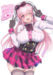  blush breasts double_v garter_belt gloves headphones large_breasts long_hair looking_at_viewer miyamoto_issa nitroplus one_eye_closed open_mouth pink_eyes pink_hair skirt smile solo super_sonico thighhighs v 