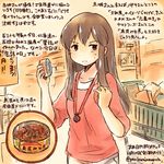  akagi_(kantai_collection) alternate_costume brown_eyes brown_hair can casual dated groceries jewelry kantai_collection kirisawa_juuzou long_hair necklace numbered shopping shopping_cart solo sweatdrop translation_request twitter_username 