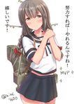  bangs blue_skirt blush bow braid brown_eyes brown_hair closed_mouth collarbone cowboy_shot eyebrows_visible_through_hair hair_bow hands_clasped ichikawa_feesu isonami_(kantai_collection) kantai_collection long_hair looking_at_viewer machinery mvp own_hands_together red_bow rigging school_uniform serafuku shiny shiny_hair shirt short_sleeves simple_background skirt smile solo sparkle standing tareme translated twin_braids twitter_username white_background white_shirt 