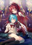  black_legwear blue_hair bow candle church debris gloves hair_bow hand_on_own_stomach hayama_eishi kneehighs loafers long_hair magical_girl mahou_shoujo_madoka_magica miki_sayaka multiple_girls polearm ponytail red_eyes red_hair revision sakura_kyouko school_uniform shoes short_hair spear squatting stained_glass water weapon 