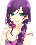  bad_id bad_pixiv_id breasts chisumi cleavage flower green_eyes hair_over_shoulder long_hair love_live! love_live!_school_idol_project purple_hair small_breasts solo strap_slip toujou_nozomi white_background 