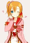  ;) bad_id bad_pixiv_id blue_eyes bow cardigan chisumi clothes_writing group_name hair_bow happy_valentine headset heart kousaka_honoka love_live! love_live!_school_idol_project one_eye_closed one_side_up open_cardigan open_clothes orange_hair smile solo valentine 