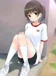  black_hair brown_eyes gym_uniform highres kneehighs looking_at_viewer okiru original side_ponytail solo white_legwear 