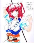  arm_up breasts hair_bobbles hair_ornament highres large_breasts looking_at_viewer mattari_yufi onozuka_komachi red_eyes red_hair shikishi short_hair smile solo touhou traditional_media two_side_up 