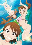  :d armpits barefoot bikini_top blush bottomless breasts brown_hair clenched_teeth collarbone covering covering_breasts covering_crotch double_v embarrassed falling freefall futami_ami futami_mami grin idolmaster idolmaster_(classic) island long_hair looking_at_viewer medium_breasts minase_iori multiple_girls navel nude ocean open_mouth purple_eyes short_hair siblings side_ponytail sisters small_breasts smile stuffed_animal stuffed_bunny stuffed_toy submerged sunlight takemura_sesshuu teeth twins upside-down v w water waving 