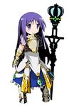  armor armored_boots armored_dress belt blue_dress boots breastplate buckle crossover crown dress full_body gem hinata_yukari long_hair princess_(sekaiju) puffy_short_sleeves puffy_sleeves purple_eyes purple_hair sekaiju_no_meikyuu short_sleeves simple_background smile wand watage_(lucky_yyg) white_background yuyushiki 
