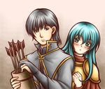  1girl armor arrow blue_eyes blue_hair blush cape eirika fire_emblem fire_emblem:_seima_no_kouseki gloves grey_eyes grey_hair innes long_hair quiver tacoyaki 