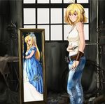  angelise_ikaruga_misurugi antenna_hair belt blonde_hair blush broken_mirror cross_ange denim diesel-turbo different_reflection dress dual_persona flower hair_flower hair_ornament jeans long_hair mirror mizuki_nana pants red_eyes reflection seiyuu_connection short_hair 