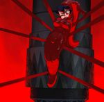  1girl alex_ahad angry arms_behind_back ball_gag bdsm black_hair blood bondage bound breasts female filia_(skullgirls) gag game_cg mummification official_art one_eye_closed red_eyes skin_tight skullgirls solo spoilers sweat sweatdrop wink 