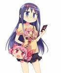  akemi_homura bag blue_eyes bow casual cellphone clothes_writing hair_bow hairband kaname_madoka kanikama long_hair mahou_shoujo_madoka_magica phone pink_hair purple_hair shirt skirt smartphone smile solo t-shirt 