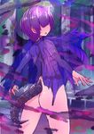  :o ass bad_id bad_pixiv_id blush bob_cut cape convenient_censoring dragon_girl dragon_tail from_behind gore_magala hair_over_eyes horns looking_back monster_hunter monster_hunter_4 naked_cape okuva open_mouth personification purple_hair see-through short_hair socks solo tail 