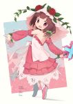  1girl blush brown_hair character_name copyright_name detached_sleeves eyebrows_visible_through_hair flower fuda_yumine full_body highres looking_at_viewer okayparium open_mouth plant red_eyes red_flower red_rose rose short_hair smile solo stella_no_mahou vines 