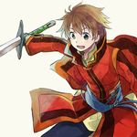  brown_hair edward_(fire_emblem) fingerless_gloves fire_emblem fire_emblem:_akatsuki_no_megami gloves green_eyes harukawa_(aonori1022) male_focus open_mouth solo sword weapon 