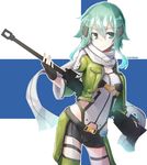  anti-materiel_rifle aqua_eyes aqua_hair artist_name chaps contrapposto cowboy_shot fingerless_gloves gloves gun hair_ornament hairclip pgm_hecate_ii rifle scarf short_hair_with_long_locks short_shorts shorts sinon sniper_rifle solo standing sword_art_online tilt-shift weapon 