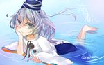  grey_eyes hand_on_own_cheek hand_on_own_face hat hat_ribbon japanese_clothes kariginu long_hair long_sleeves looking_at_viewer mononobe_no_futo nazuna_akaru partially_submerged ponytail ribbon ripples shirt silver_hair solo touhou water wet wet_clothes wide_sleeves 