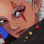  close-up dark_skin eyebrows eyeliner face facial_tattoo impa lips makeup nose pointy_ears red_eyes scarf solo tattoo the_legend_of_zelda tsukuyomi_land white_hair zelda_musou 