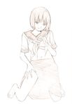  barefoot monochrome original school_uniform self_fondle short_hair sketch skirt skirt_lift solo traditional_media yoshitomi_akihito 