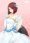  bare_shoulders breasts bride bride_(fire_emblem) detached_sleeves dress fire_emblem fire_emblem:_kakusei flower glasses hair_flower hair_ornament hand_on_own_chest hat hat_removed headwear_removed holding holding_hat medium_breasts miriel_(fire_emblem) red_eyes red_hair short_hair shougayaki_(kabayaki_3) solo wedding_dress witch_hat 