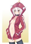  absurdres bottomless breasts gen_1_pokemon highres hood hooded_track_jacket hoodie jacket magikarp medium_breasts naked_hoodie naked_track_jacket no_bra nugi_(armenci) open_clothes personification pokemon red_eyes short_hair solo thighhighs track_jacket white_hair 