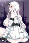  ass bare_shoulders blush breasts detached_sleeves dress horn huge_ass huge_breasts kantai_collection long_hair looking_at_viewer looking_back no_panties ribbed_dress ribbed_sweater seaport_hime shinkaisei-kan short_dress sideboob solo sweater sweater_dress white_hair yac_(mokkori) 