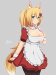  1girl animal_ears blonde_hair blue_eyes blush breasts cleavage frills green_eyes hair_ornament large_breasts looking_at_viewer maid nao_(izuripai) nao_(ritsancrossover) ponytail skirt smile solo tail 