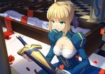  ahoge artoria_pendragon_(all) avalon_(fate/stay_night) blonde_hair breasts canzhajiang cleavage dress excalibur fate/stay_night fate_(series) green_eyes hair_ribbon highres juliet_sleeves long_sleeves md5_mismatch medium_breasts puffy_sleeves ribbon saber sheath sheathed solo sword weapon 