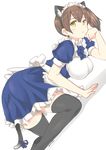  absurdres alternate_costume black_legwear blush breasts brown_eyes brown_hair enmaided highres kaga_(kantai_collection) kantai_collection large_breasts looking_at_viewer maid maid_headdress ryuki_(ryukisukune) short_hair side_ponytail simple_background solo thighhighs white_background zettai_ryouiki 