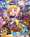  artist_request beamed_eighth_notes blonde_hair brown_eyes card_(medium) character_name character_signature company_connection earrings fukuda_noriko idolmaster idolmaster_million_live! jewelry kuma_(tekken) microphone midriff mokujin_(tekken) musical_note namco official_art short_hair smile tekken 